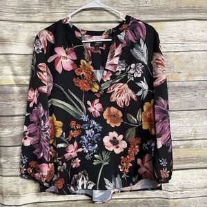 J. Crew Floral Print Top Open V- Neck Blouse Women's Small Long Sleeve EUC
